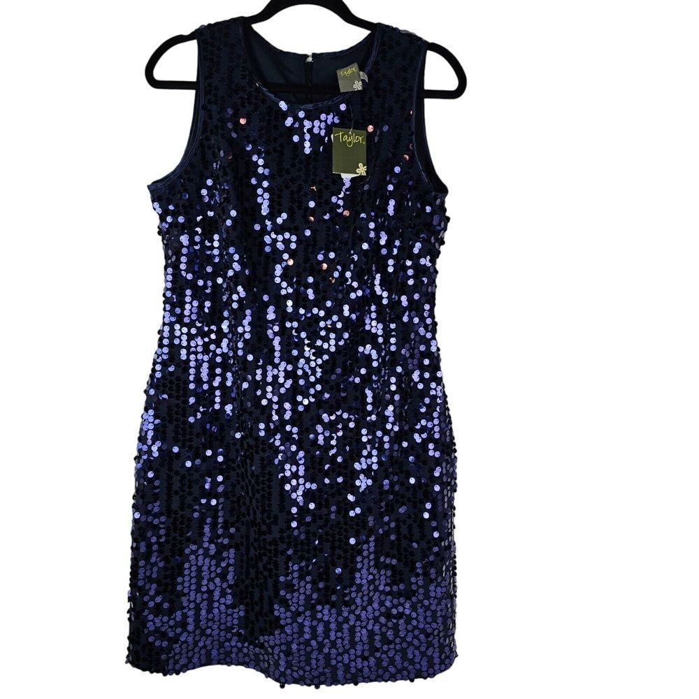 NWT Taylor Neiman Marcus Women's Sequin Sheath Dress Navy Blue Purple 10 Event